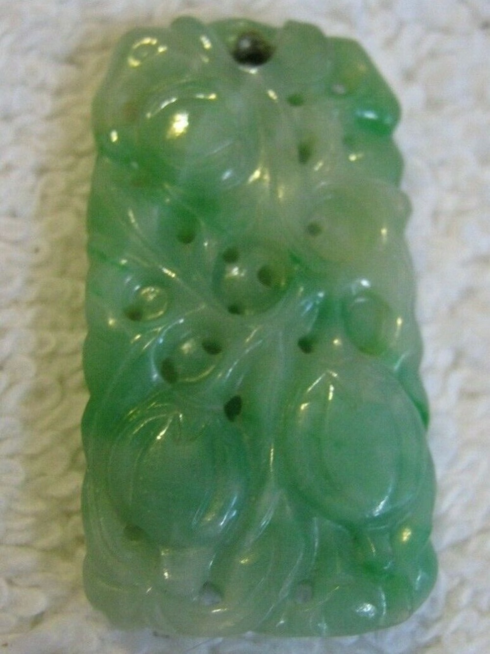 Nice Green & White JADEITE1 1/4" Pendant Delicately Carved w/ Fruit 2 Sides LQQK